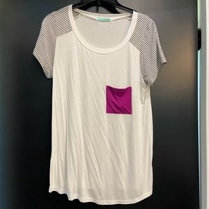 White T-shirt with purple pocket and striped sleeves. Size L NWOT